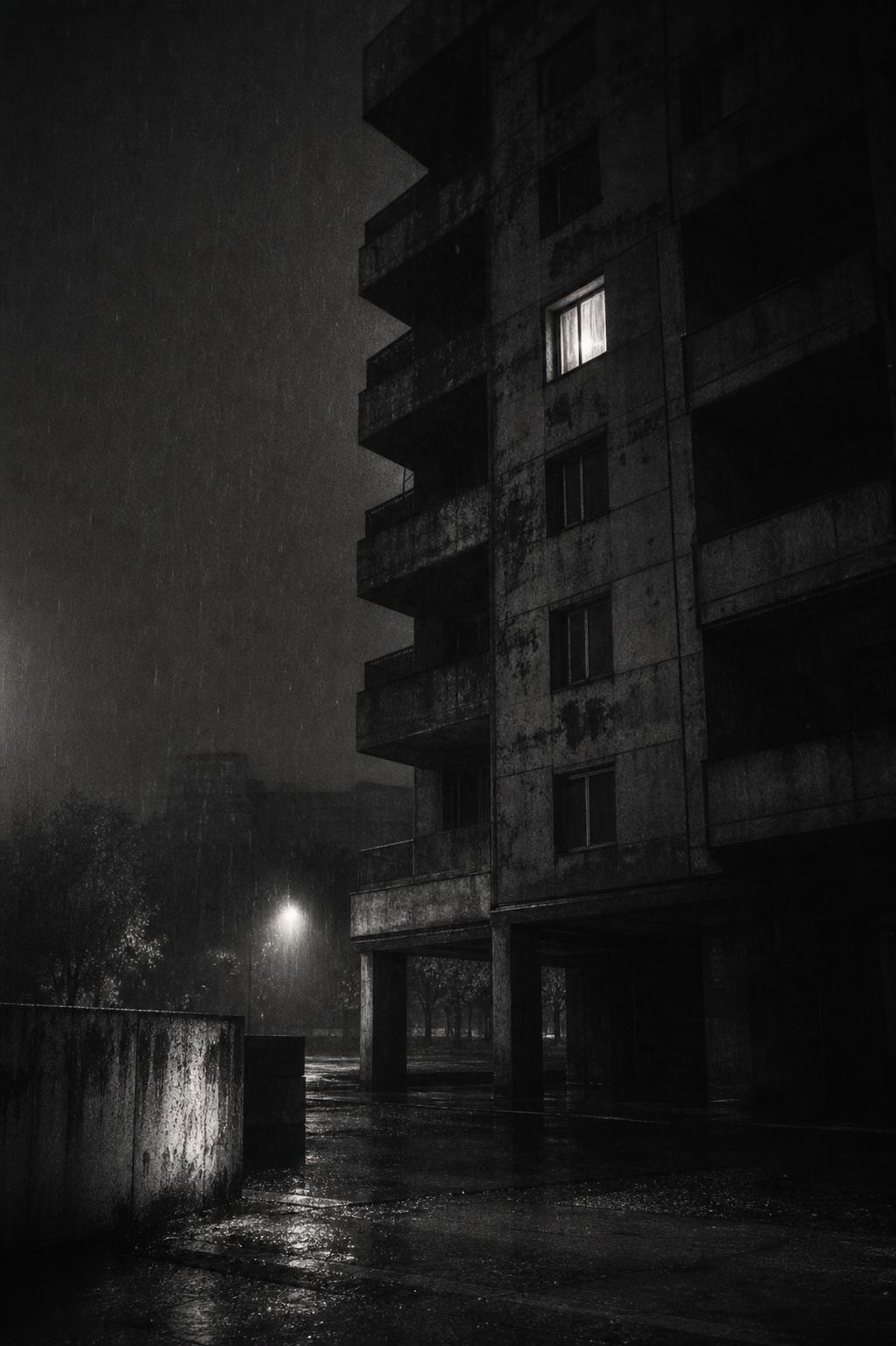 Brutalist building in cold rain