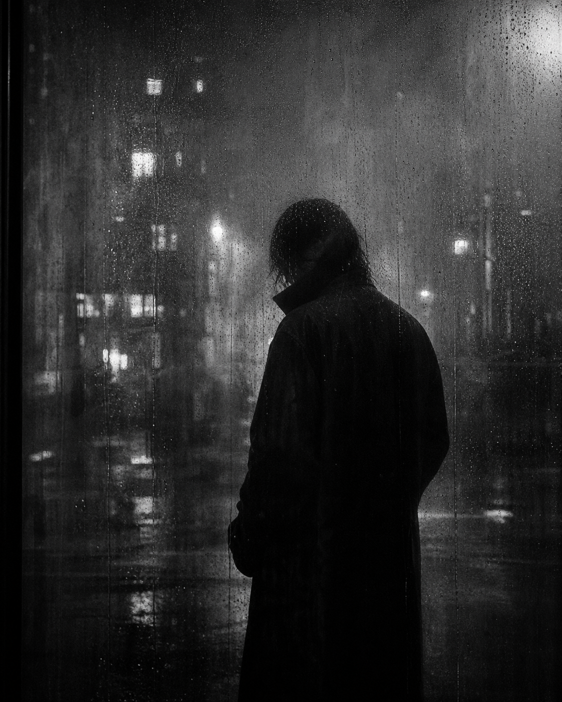 Faceless silhouette behind rain-streaked glass